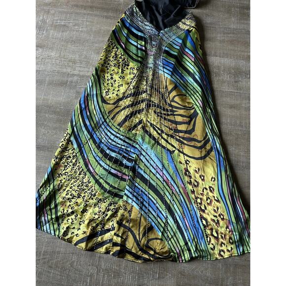 Cache Beaded Sequined Satin Gown Dress women's 4 Y2K Cut Out Peacock Gypsy - Picture 15 of 16